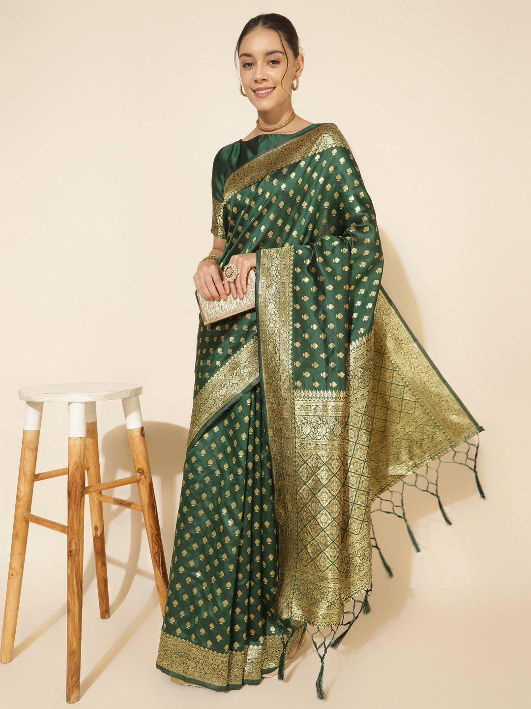 Janasya Green Banarasi Silk Ethnic Motifs Woven Design Saree | Swadesiicart