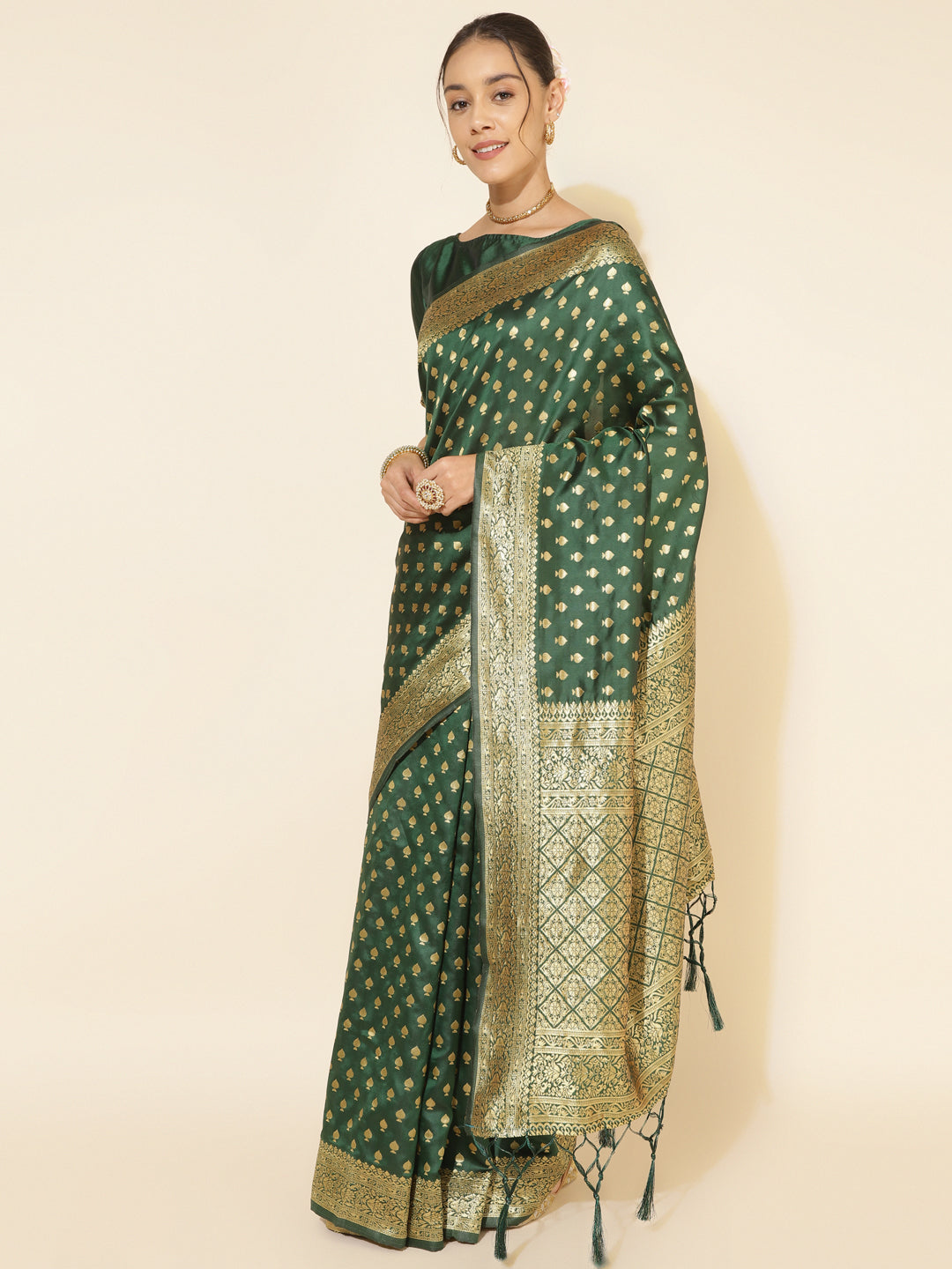 Janasya Green Banarasi Silk Ethnic Motifs Woven Design Saree | Swadesiicart