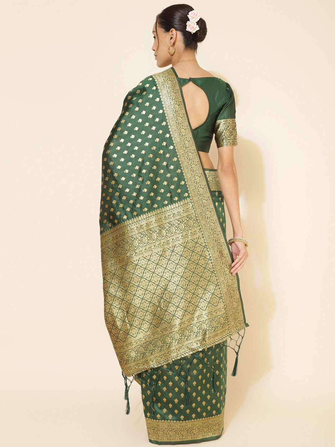 Janasya Green Banarasi Silk Ethnic Motifs Woven Design Saree | Swadesiicart
