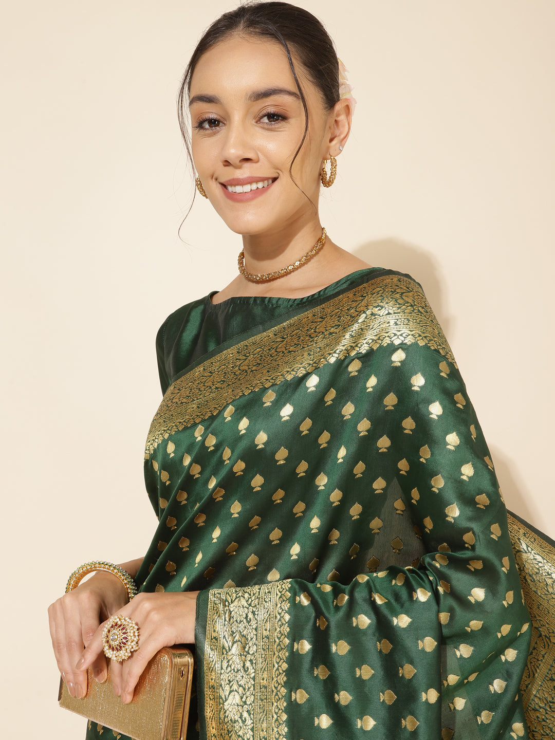 Janasya Green Banarasi Silk Ethnic Motifs Woven Design Saree | Swadesiicart