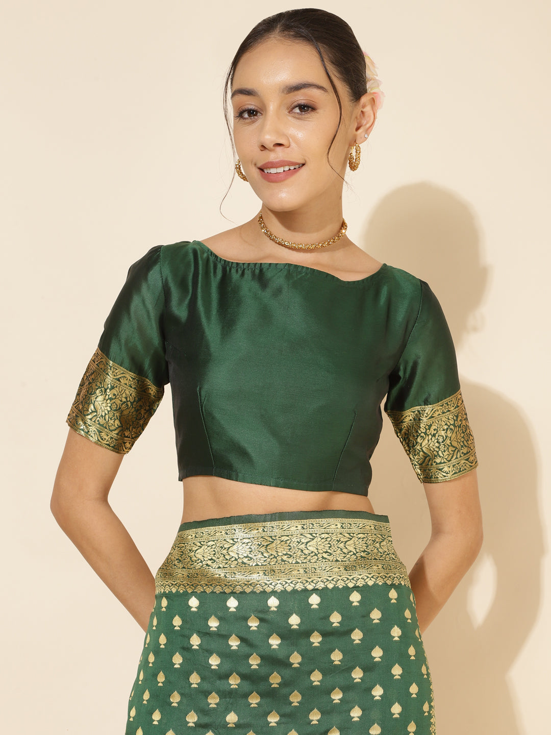 Janasya Green Banarasi Silk Ethnic Motifs Woven Design Saree | Swadesiicart