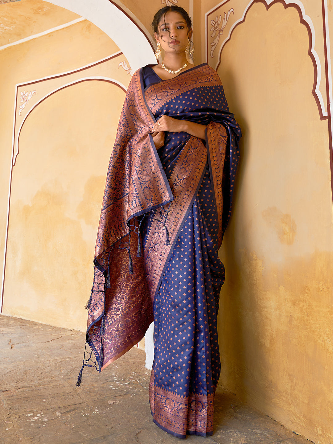 Janasya Navy Blue Banarasi Silk Ethnic Motifs Woven Design Saree | Swadesiicart
