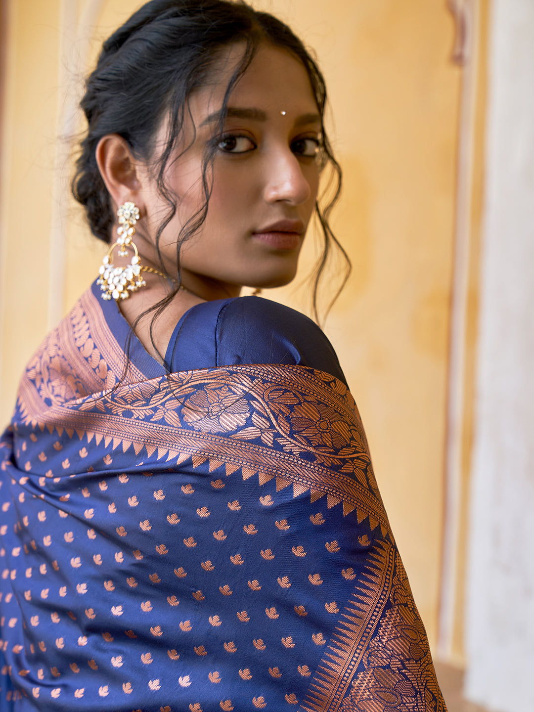 Janasya Navy Blue Banarasi Silk Ethnic Motifs Woven Design Saree | Swadesiicart