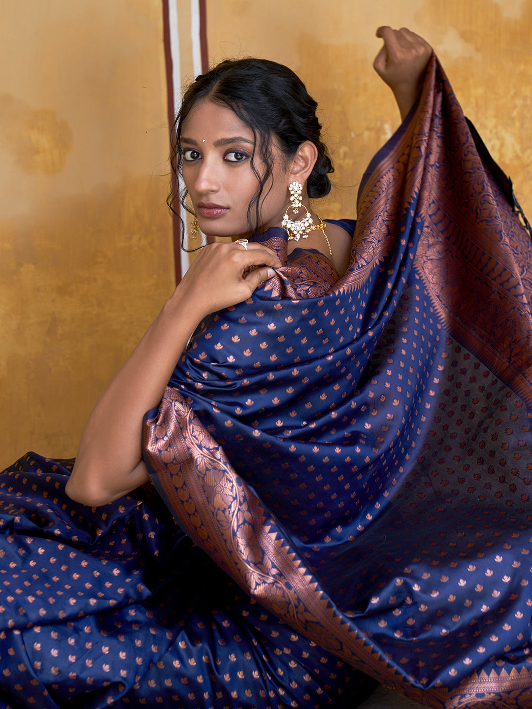 Janasya Navy Blue Banarasi Silk Ethnic Motifs Woven Design Saree | Swadesiicart
