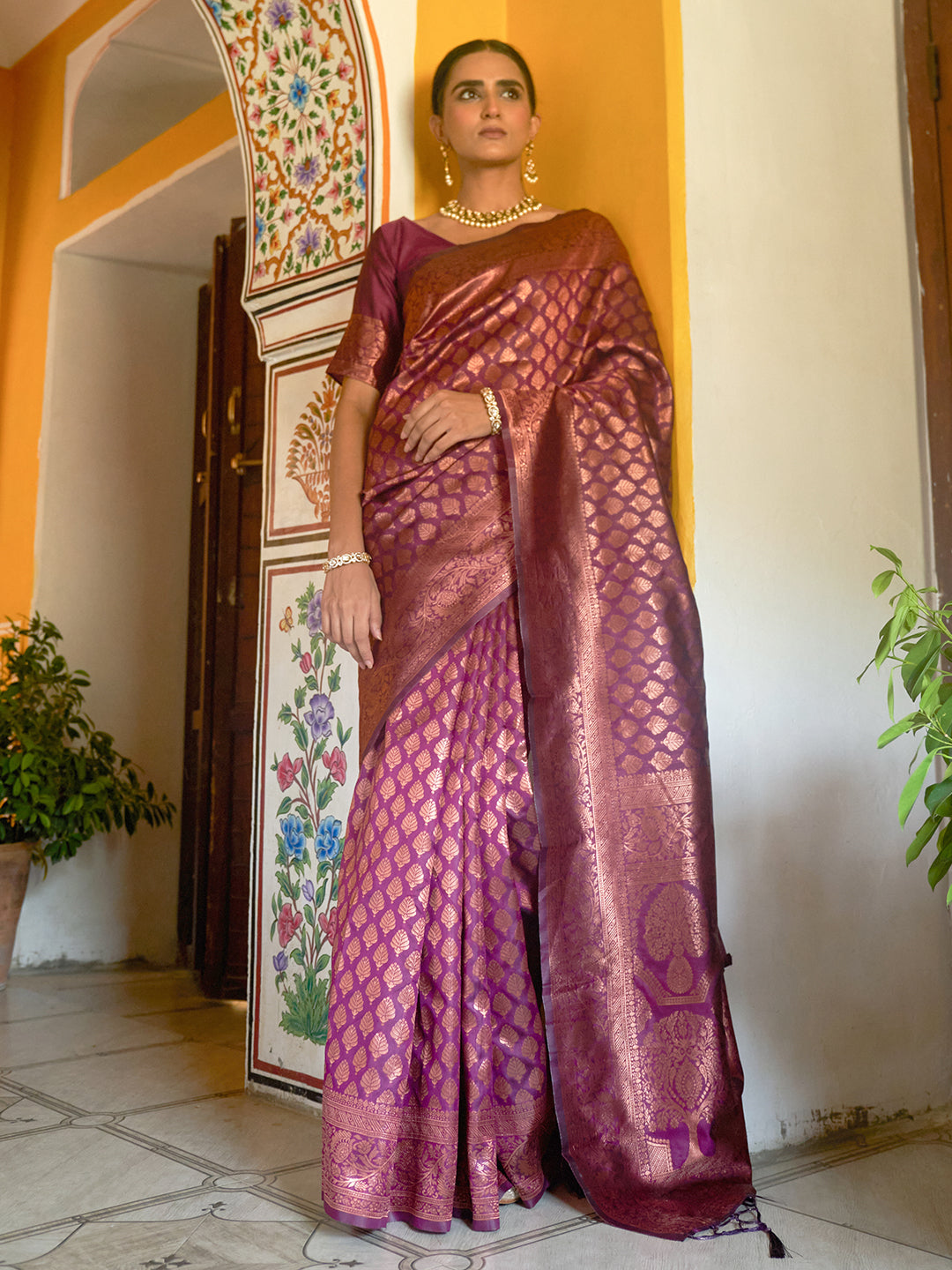 Janasya Wine Banarasi Silk Woven Ethnic Motifs Banarasi Silk Saree | Swadesiicart