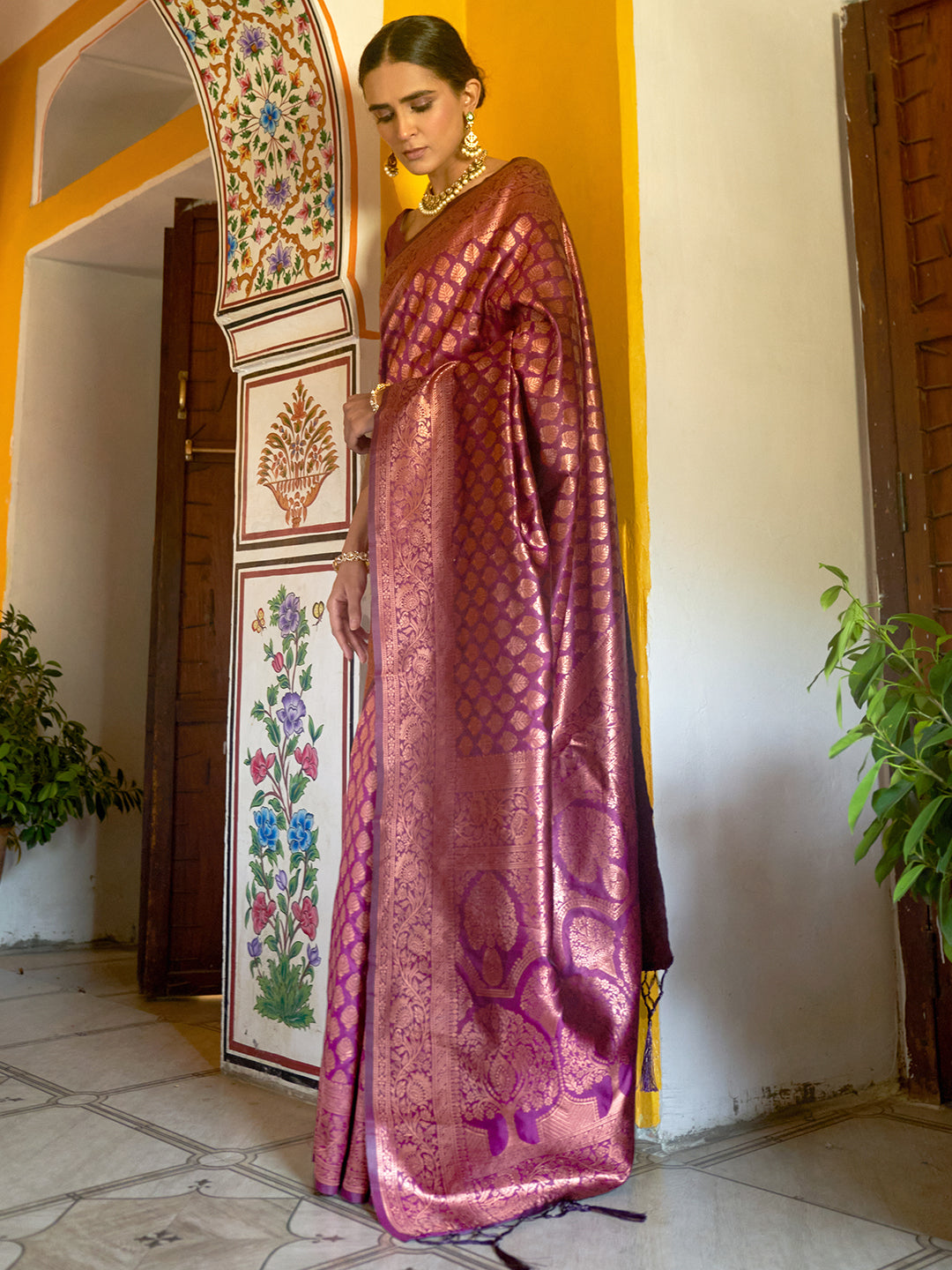 Janasya Wine Banarasi Silk Woven Ethnic Motifs Banarasi Silk Saree | Swadesiicart