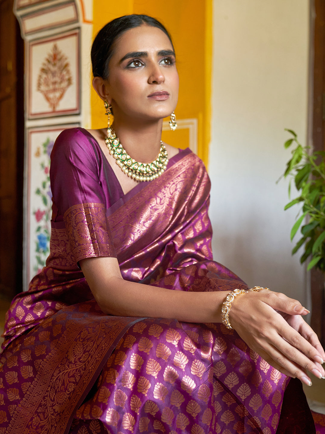Janasya Wine Banarasi Silk Woven Ethnic Motifs Banarasi Silk Saree | Swadesiicart