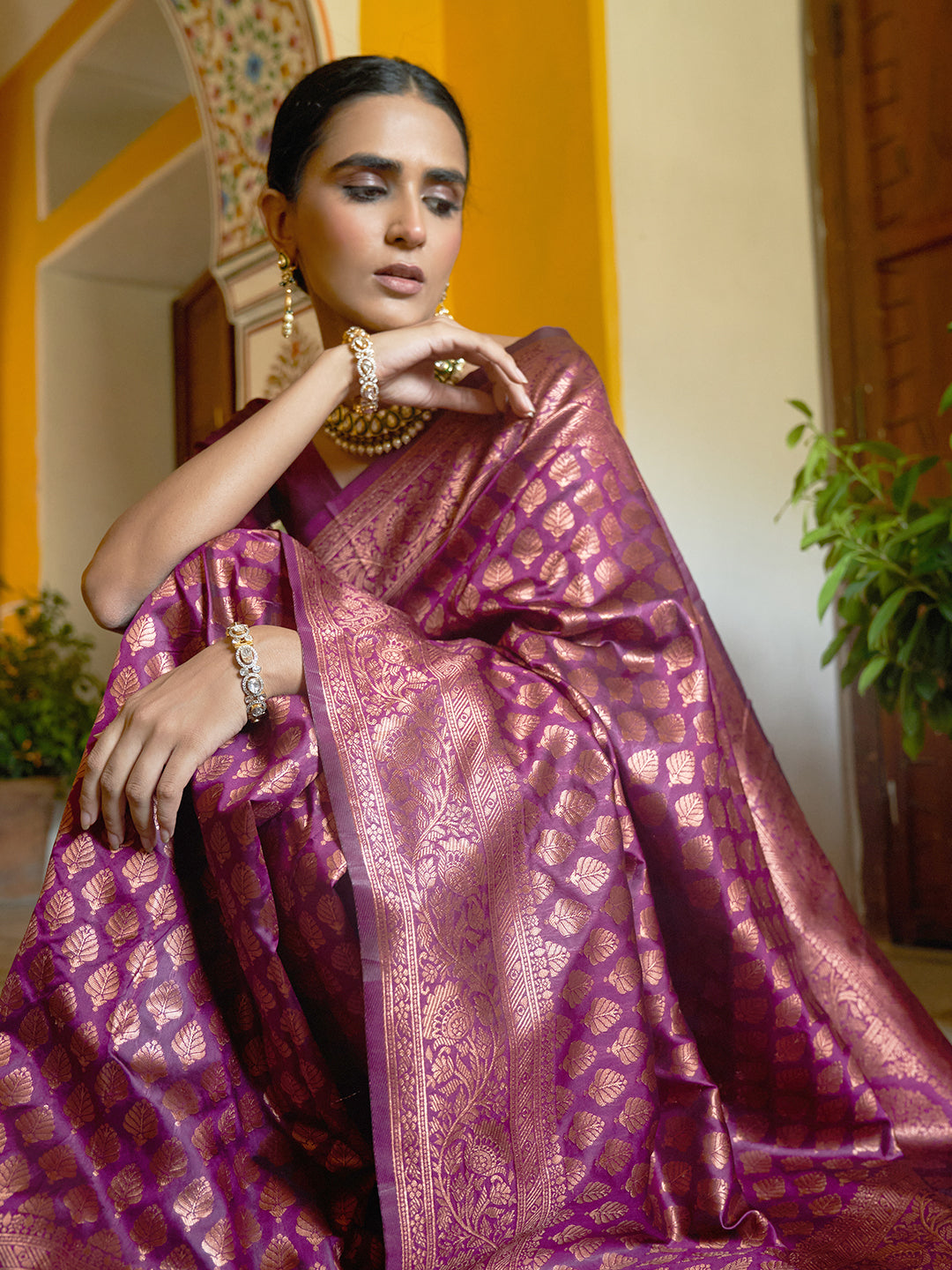 Janasya Wine Banarasi Silk Woven Ethnic Motifs Banarasi Silk Saree | Swadesiicart