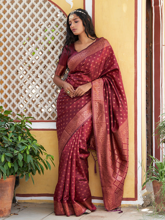 Janasya Maroon Banarasi Silk Ethnic Motifs Woven Design Saree | Swadesiicart
