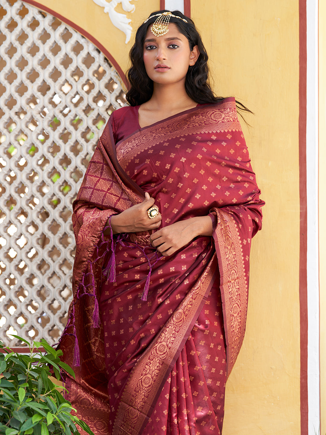 Janasya Maroon Banarasi Silk Ethnic Motifs Woven Design Saree | Swadesiicart