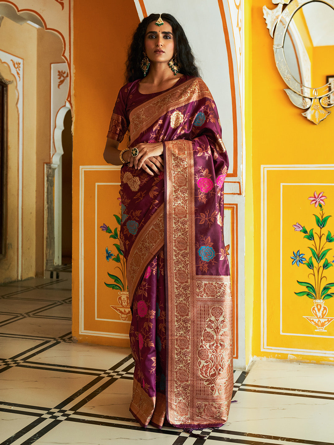 Janasya Wine Banarasi Silk Ethnic Motifs Woven Design Saree | Swadesiicart