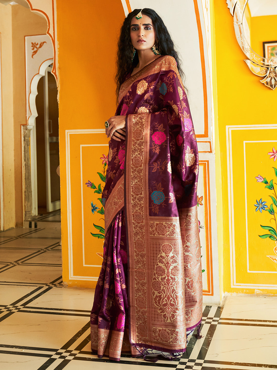 Janasya Wine Banarasi Silk Ethnic Motifs Woven Design Saree | Swadesiicart