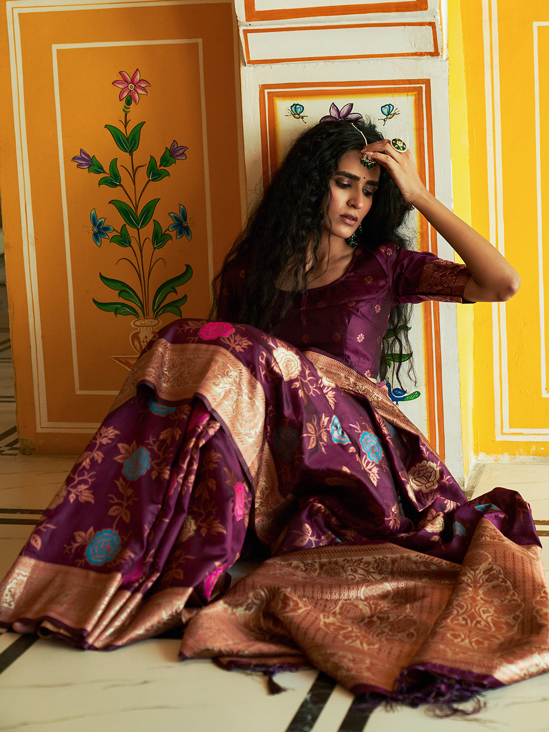 Janasya Wine Banarasi Silk Ethnic Motifs Woven Design Saree | Swadesiicart