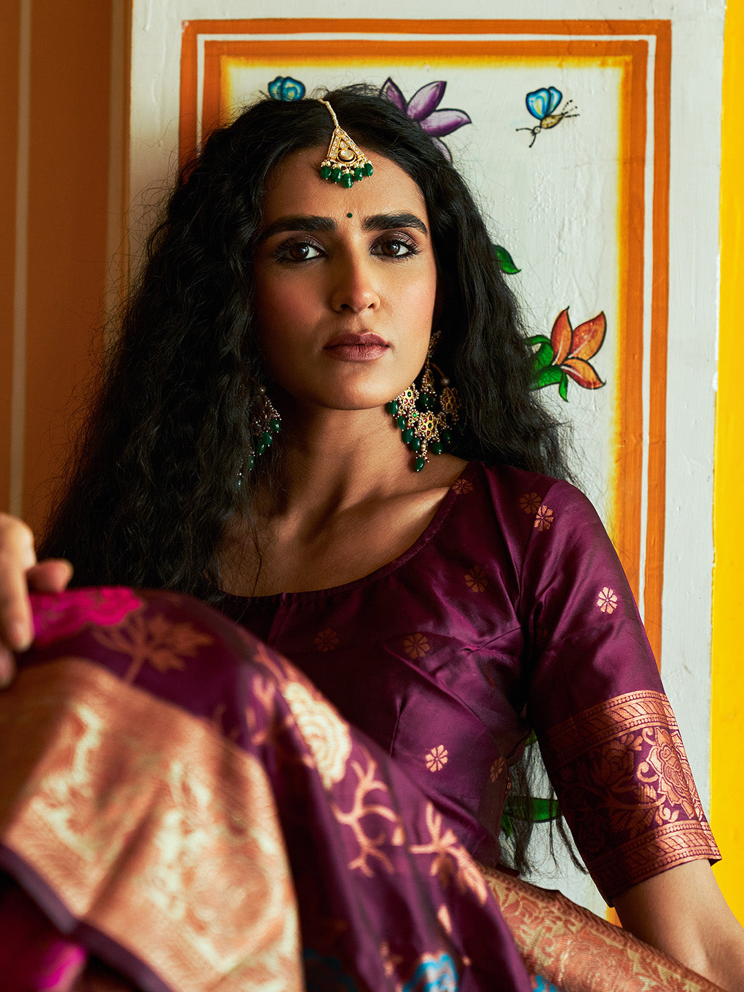 Janasya Wine Banarasi Silk Ethnic Motifs Woven Design Saree | Swadesiicart