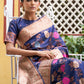 Janasya Navy Blue Banarasi Silk Floral Woven Design Saree | Swadesiicart