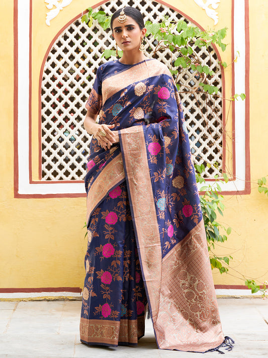 Janasya Navy Blue Banarasi Silk Floral Woven Design Saree | Swadesiicart