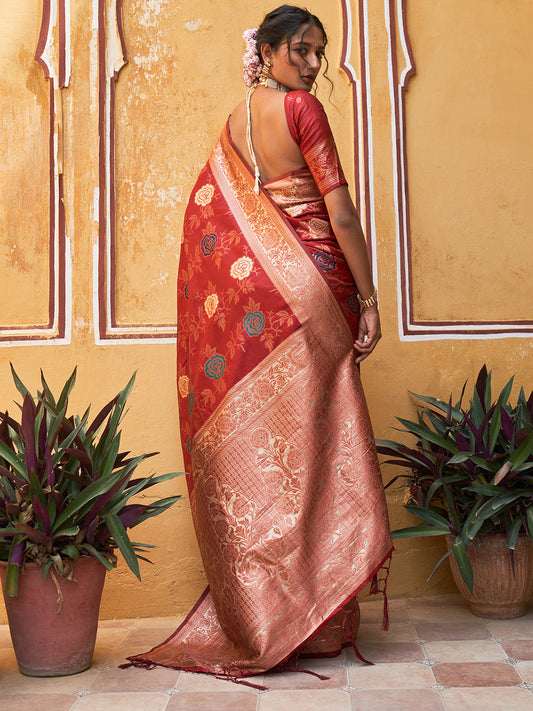 Janasya Red Banarasi Silk Floral Woven Design Saree | Swadesiicart
