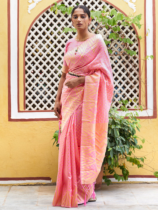 Janasya Pink Silk Blend Woven Polka Woven Design Saree | Swadesiicart