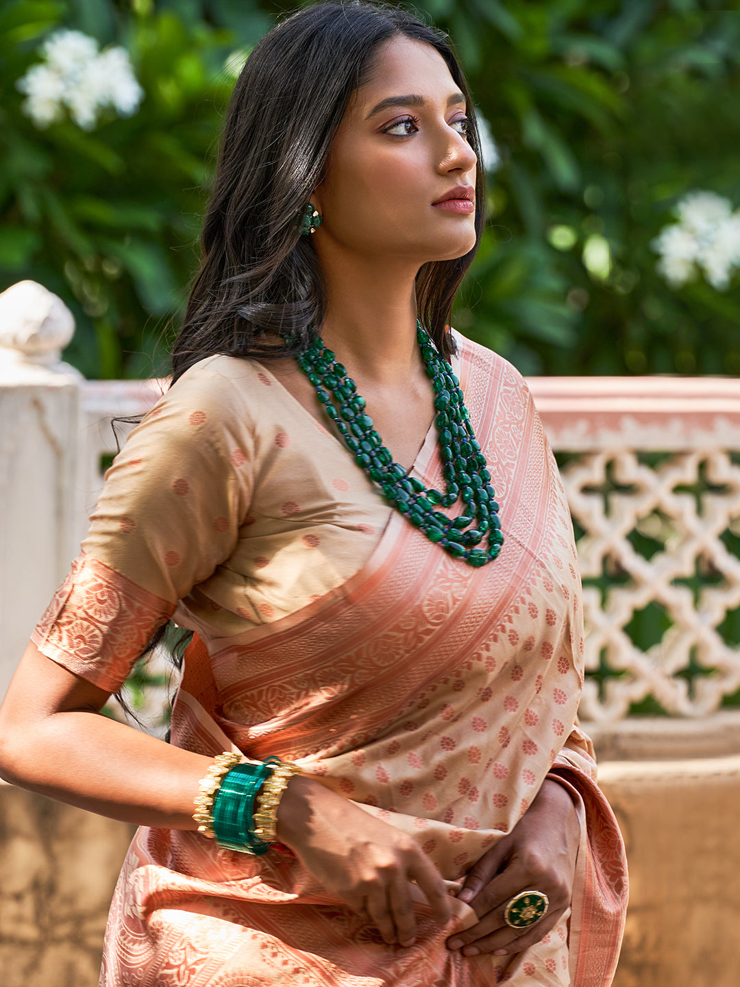 Janasya Beige Chanderi Silk Ethnic Motifs Woven Design Saree | Swadesiicart