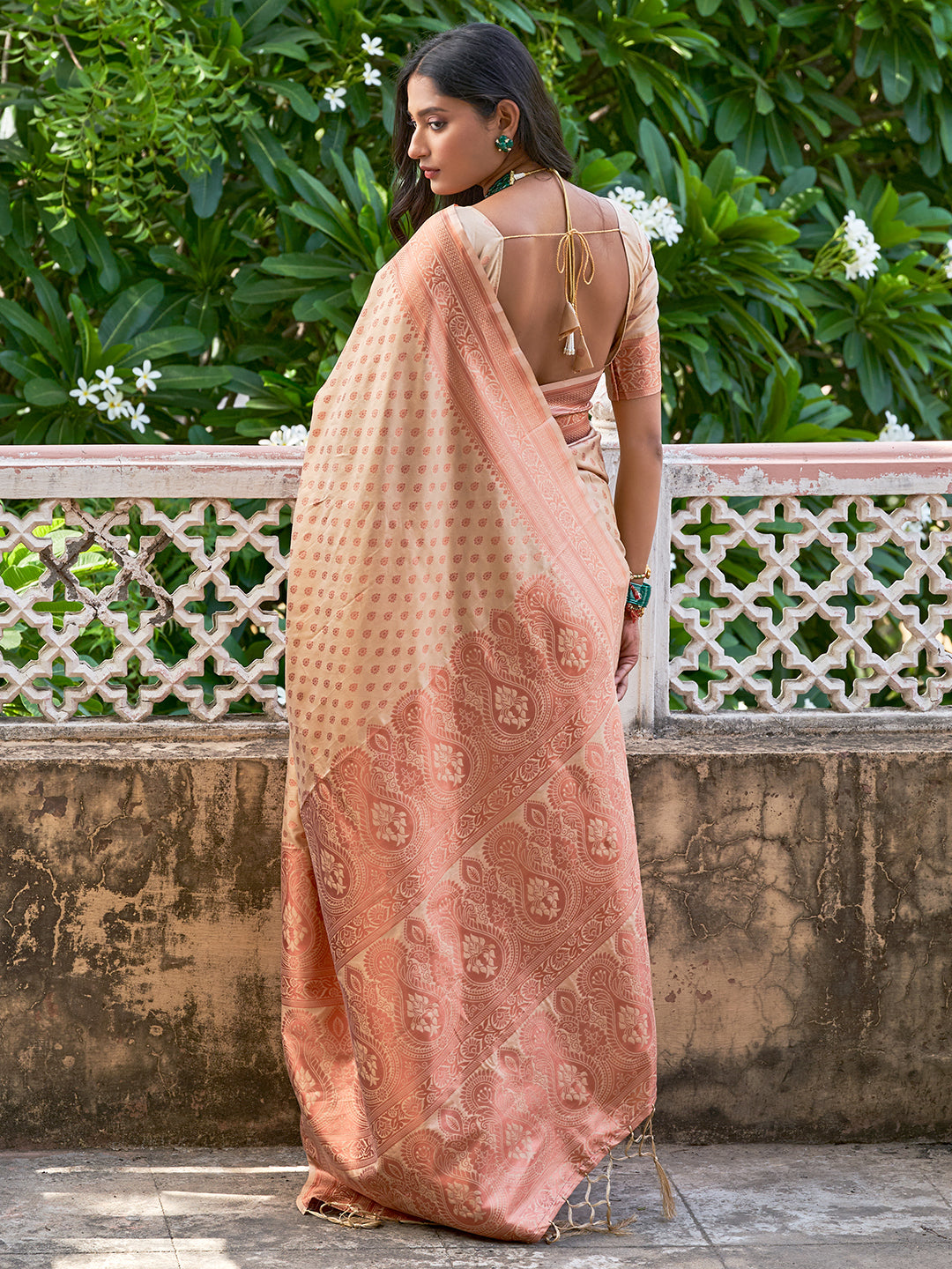 Janasya Beige Chanderi Silk Ethnic Motifs Woven Design Saree | Swadesiicart