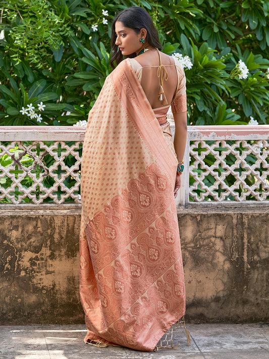Janasya Beige Chanderi Silk Ethnic Motifs Woven Design Saree | Swadesiicart