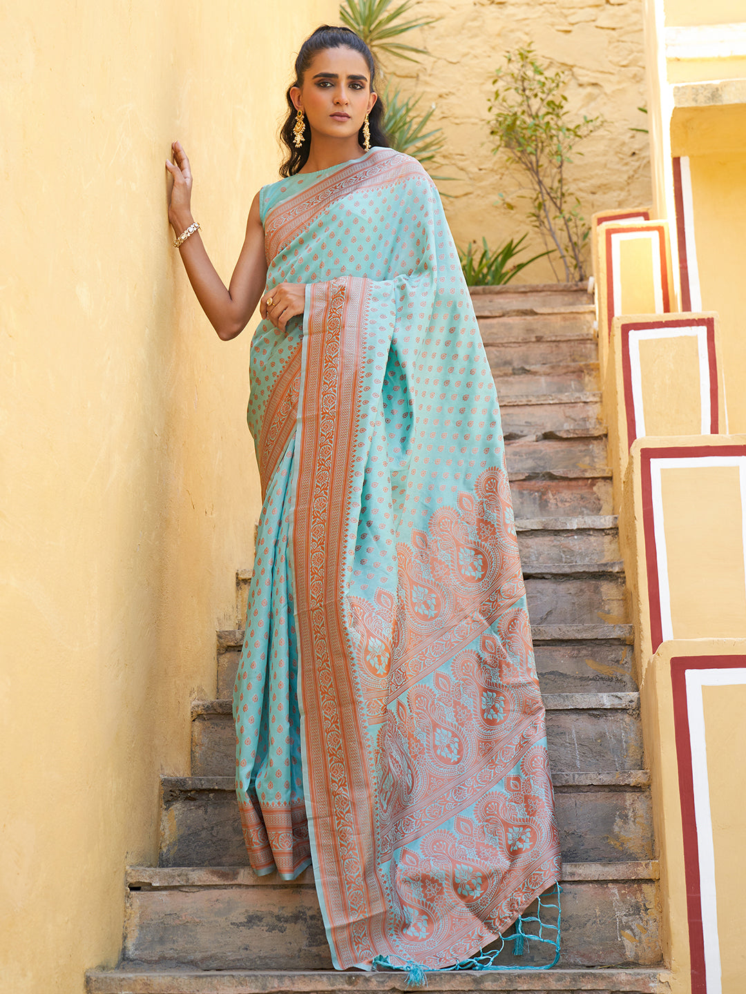 Janasya Sea Green Chanderi Silk Ethnic Motifs Woven Design Saree | Swadesiicart