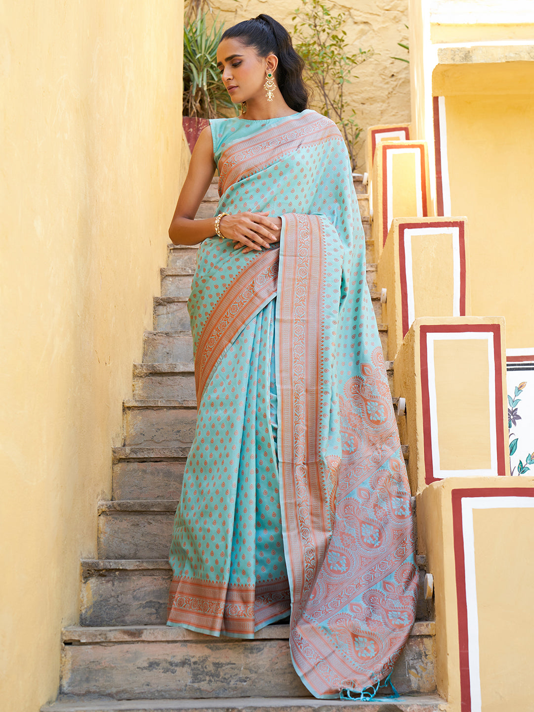 Janasya Sea Green Chanderi Silk Ethnic Motifs Woven Design Saree | Swadesiicart