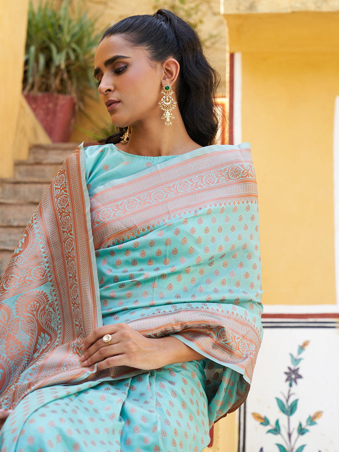 Janasya Sea Green Chanderi Silk Ethnic Motifs Woven Design Saree | Swadesiicart