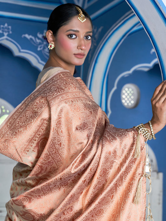 Janasya Beige Chanderi Silk Paisley Woven Design Saree | Swadesiicart