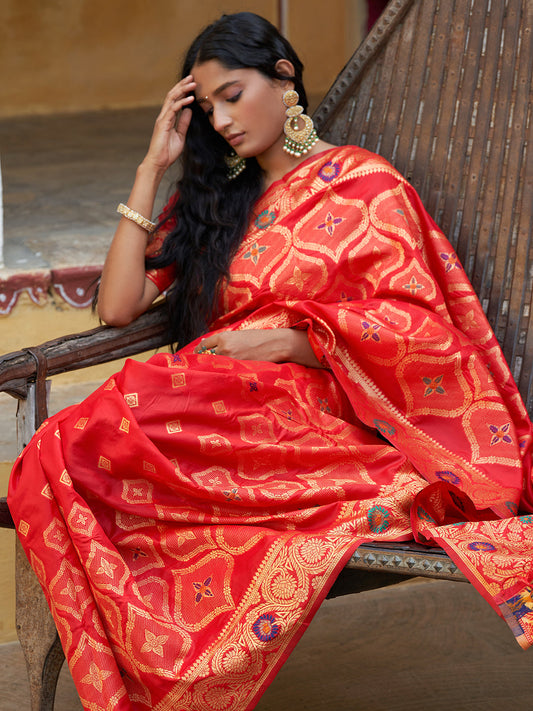 Janasya Red Banarasi Silk Ethnic Motifs Woven Design Saree | Swadesiicart