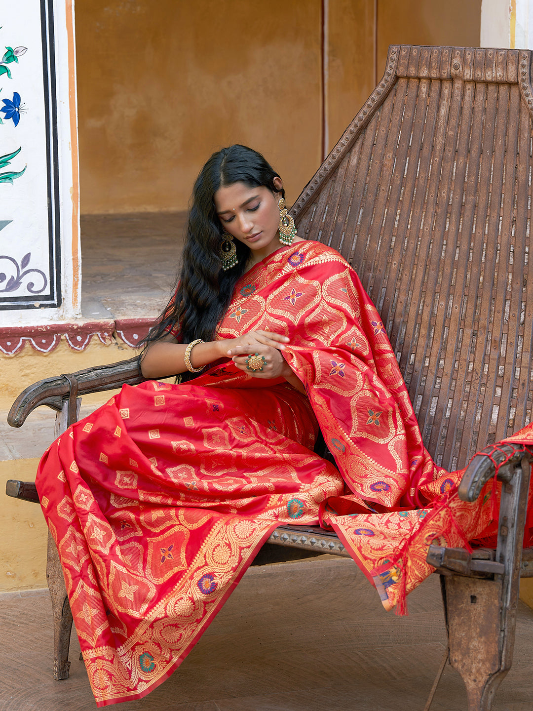 Janasya Red Banarasi Silk Ethnic Motifs Woven Design Saree | Swadesiicart