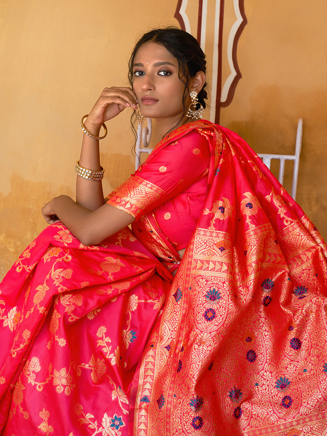 Janasya Pink Banarasi Silk Floral Woven Jaal Saree | Swadesiicart
