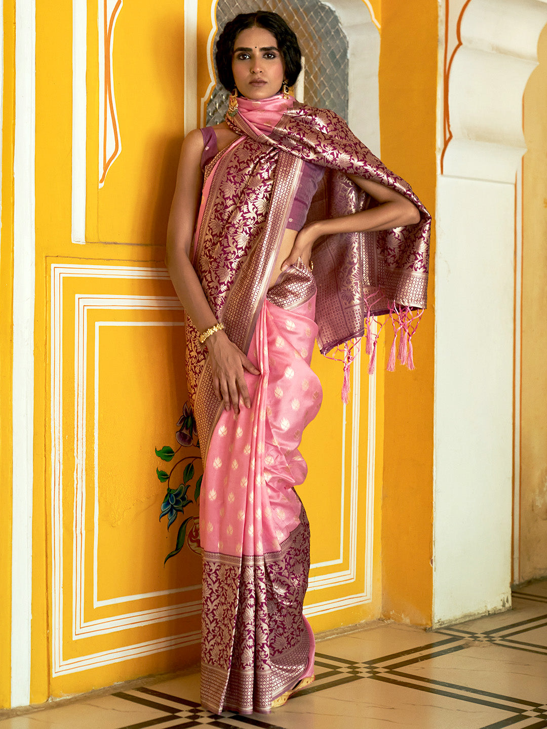 Janasya Pink Banarasi Silk Woven Ethnic Motifs Woven Design Saree | Swadesiicart