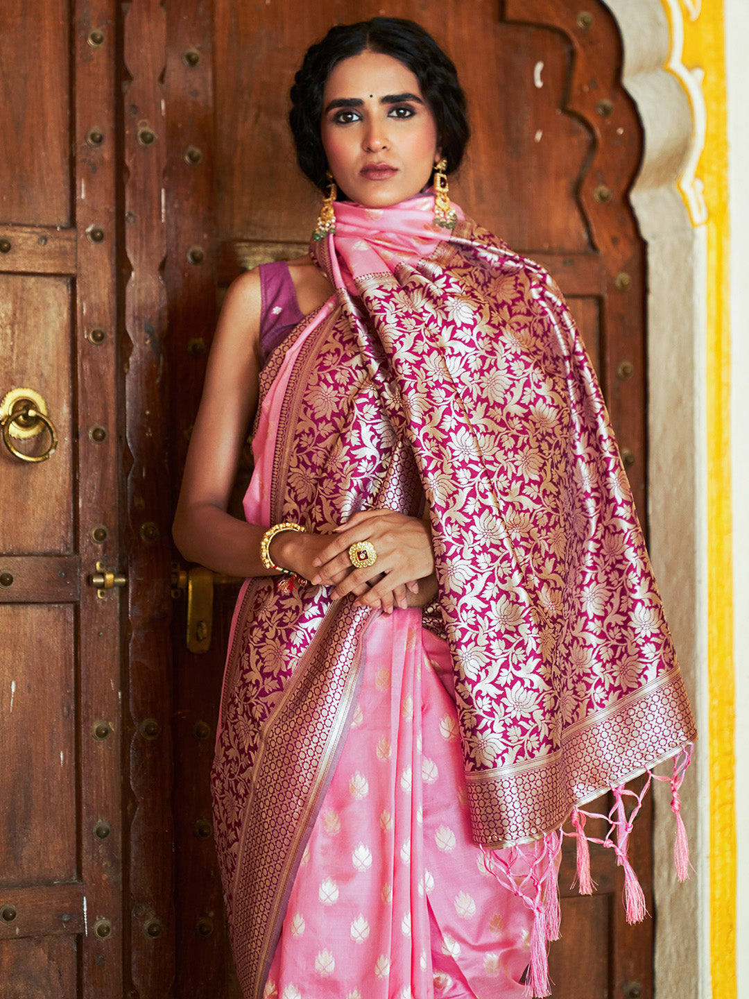 Janasya Pink Banarasi Silk Woven Ethnic Motifs Woven Design Saree | Swadesiicart