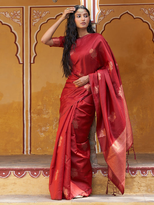 Janasya Red Kanjeevaram Silk Floral Motif Kanjeevaram Silk Saree | Swadesiicart