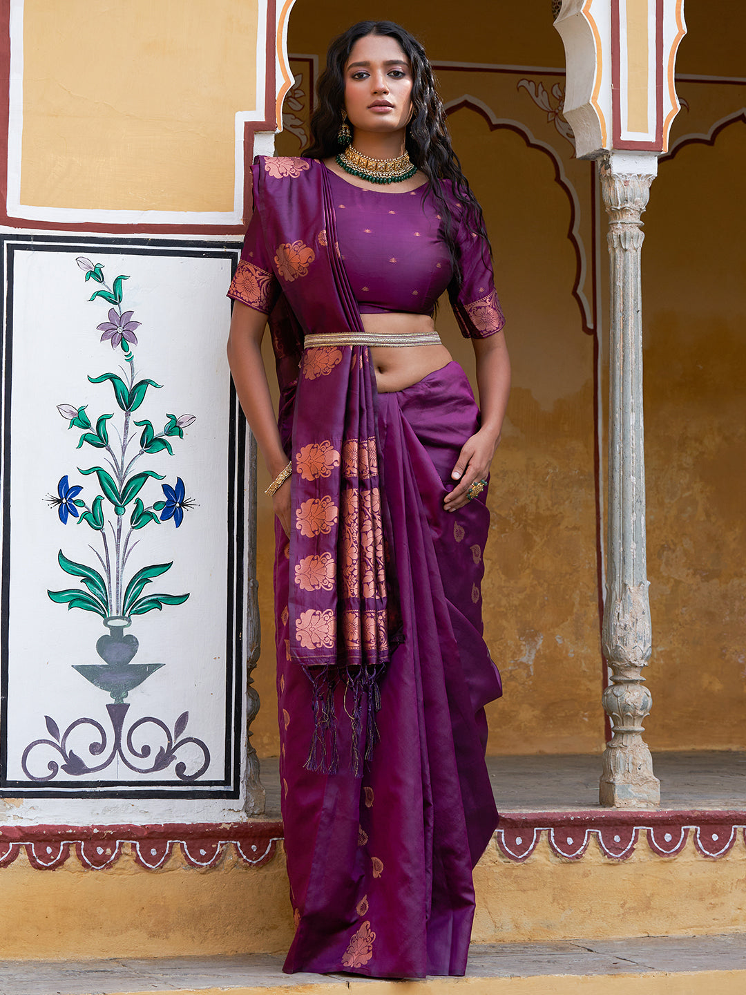 Janasya Wine Kanjeevaram Silk Woven Ethnic Motifs Kanjeevaram Silk Saree | Swadesiicart