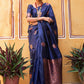 Janasya Navy Blue Kanjeevaram Silk Geometric Design Kanjeevaram Silk Saree | Swadesiicart