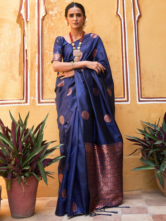 Janasya Navy Blue Kanjeevaram Silk Geometric Design Kanjeevaram Silk Saree | Swadesiicart
