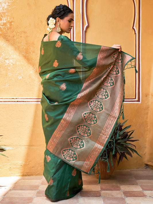 Janasya Green Kanjeevaram Silk Woven Ethnic Motifs Kanjeevaram Silk Saree | Swadesiicart