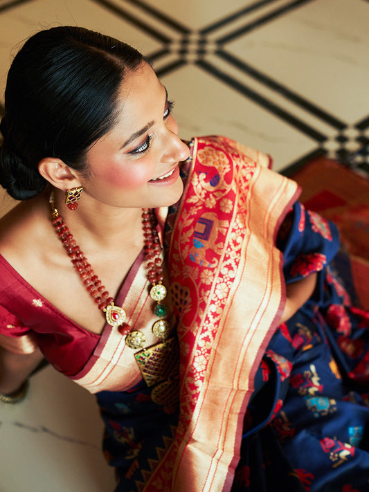 Janasya Navy Blue Cotton Silk Woven Ethnic Motifs Patola Saree | Swadesiicart