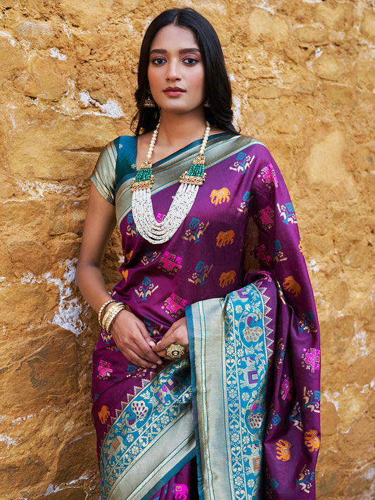 Janasya Wine Cotton Silk Woven Ethnic Motifs Patola Saree | Swadesiicart
