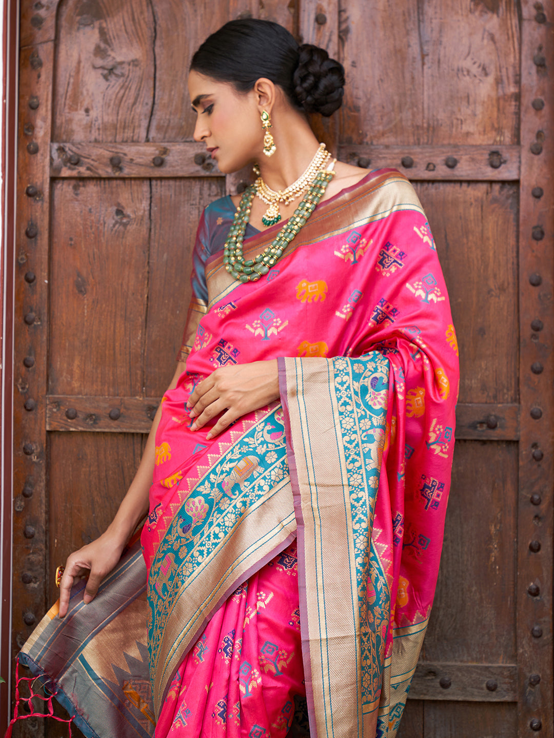 Janasya Pink Cotton Silk Woven Ethnic Motifs Patola Saree | Swadesiicart