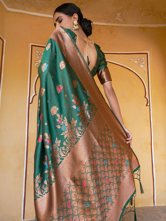 Janasya Green Banarasi Silk Woven Dual Tone Floral Design Banarasi Silk Saree | Swadesiicart