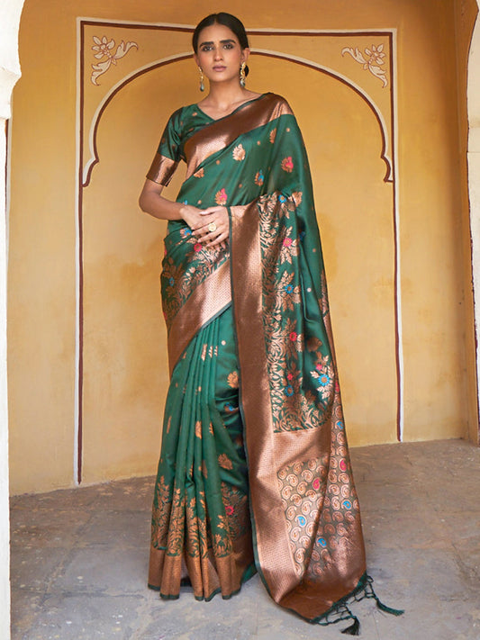 Janasya Green Banarasi Silk Woven Dual Tone Floral Design Banarasi Silk Saree | Swadesiicart