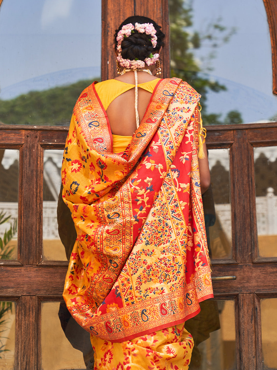 Janasya Yellow Chanderi Silk Pashmina Woven Design Saree | Swadesiicart