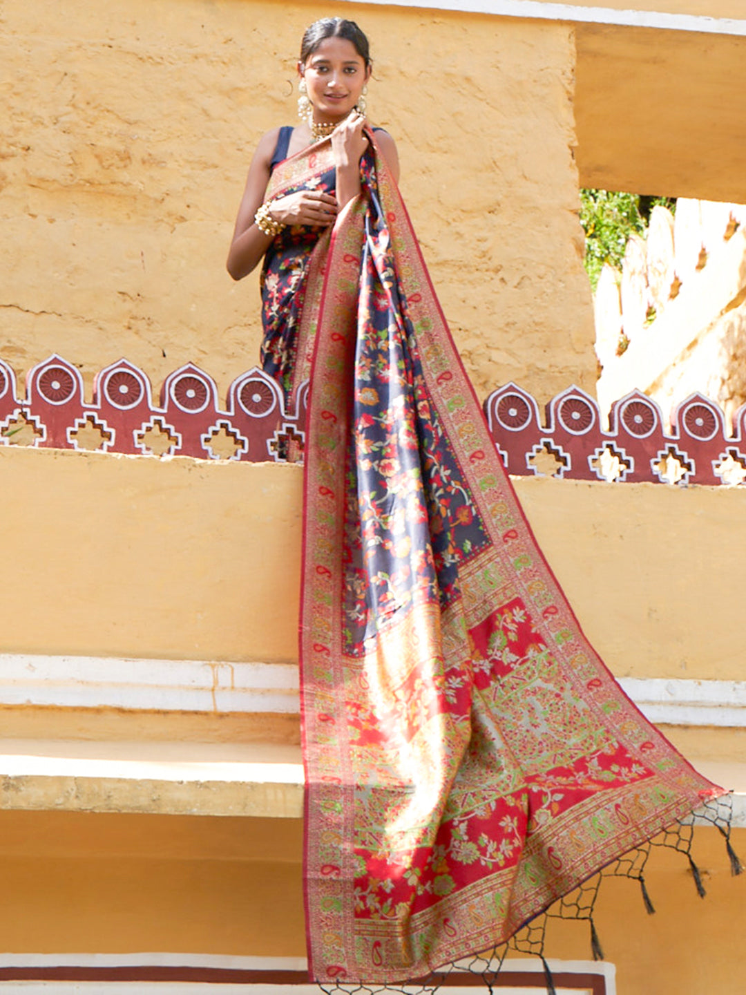Janasya Navy Blue Chanderi Silk Pashmina Woven Design Saree | Swadesiicart