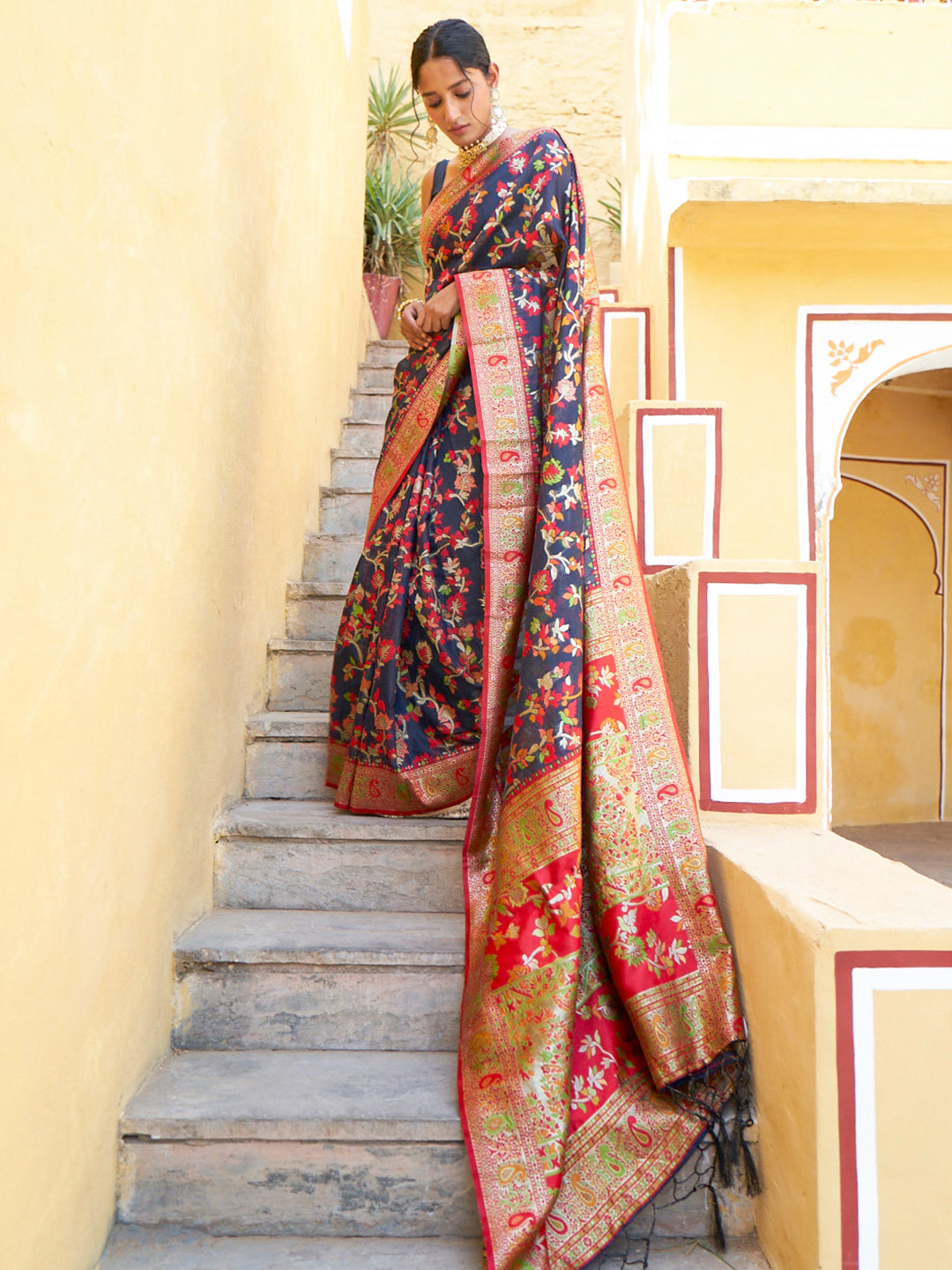 Janasya Navy Blue Chanderi Silk Pashmina Woven Design Saree | Swadesiicart