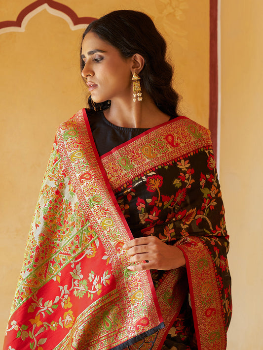 Janasya Black Chanderi Silk Pashmina Woven Design Saree | Swadesiicart