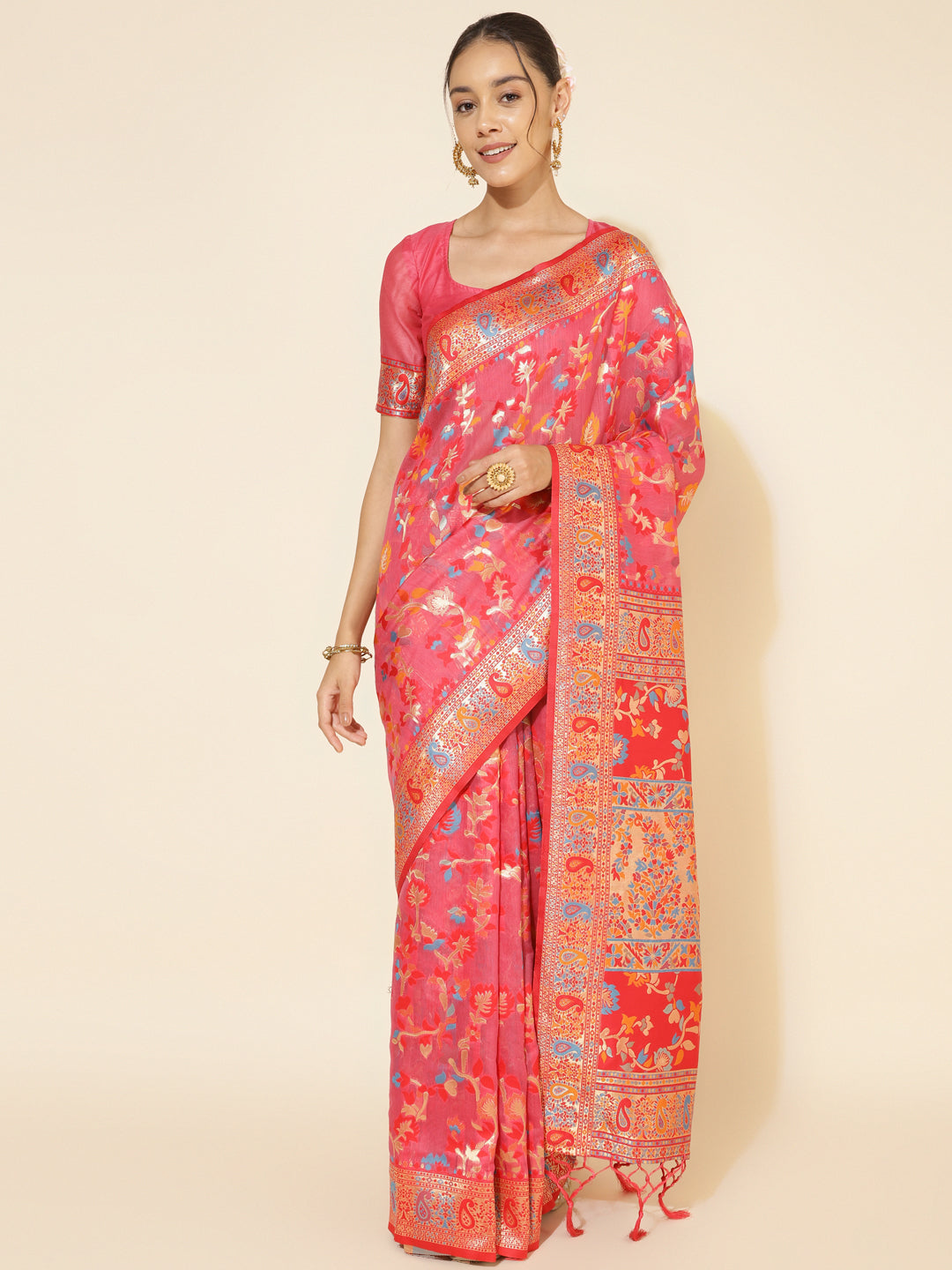 Janasya Pink Chanderi Silk Pashmina Woven Design Saree | Swadesiicart