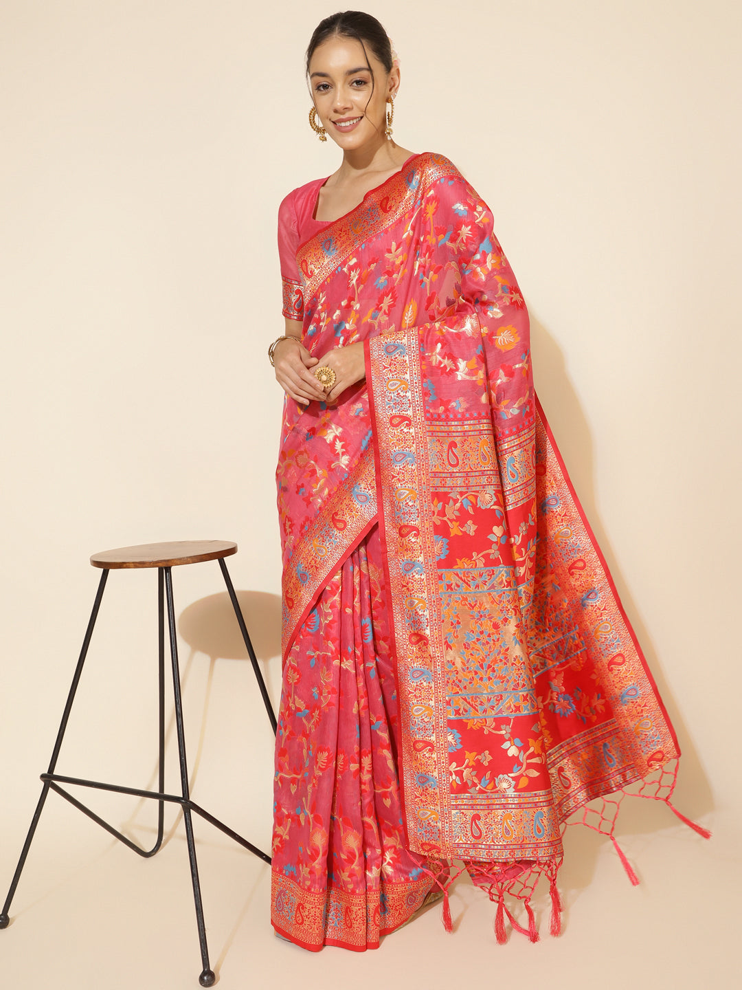 Janasya Pink Chanderi Silk Pashmina Woven Design Saree | Swadesiicart